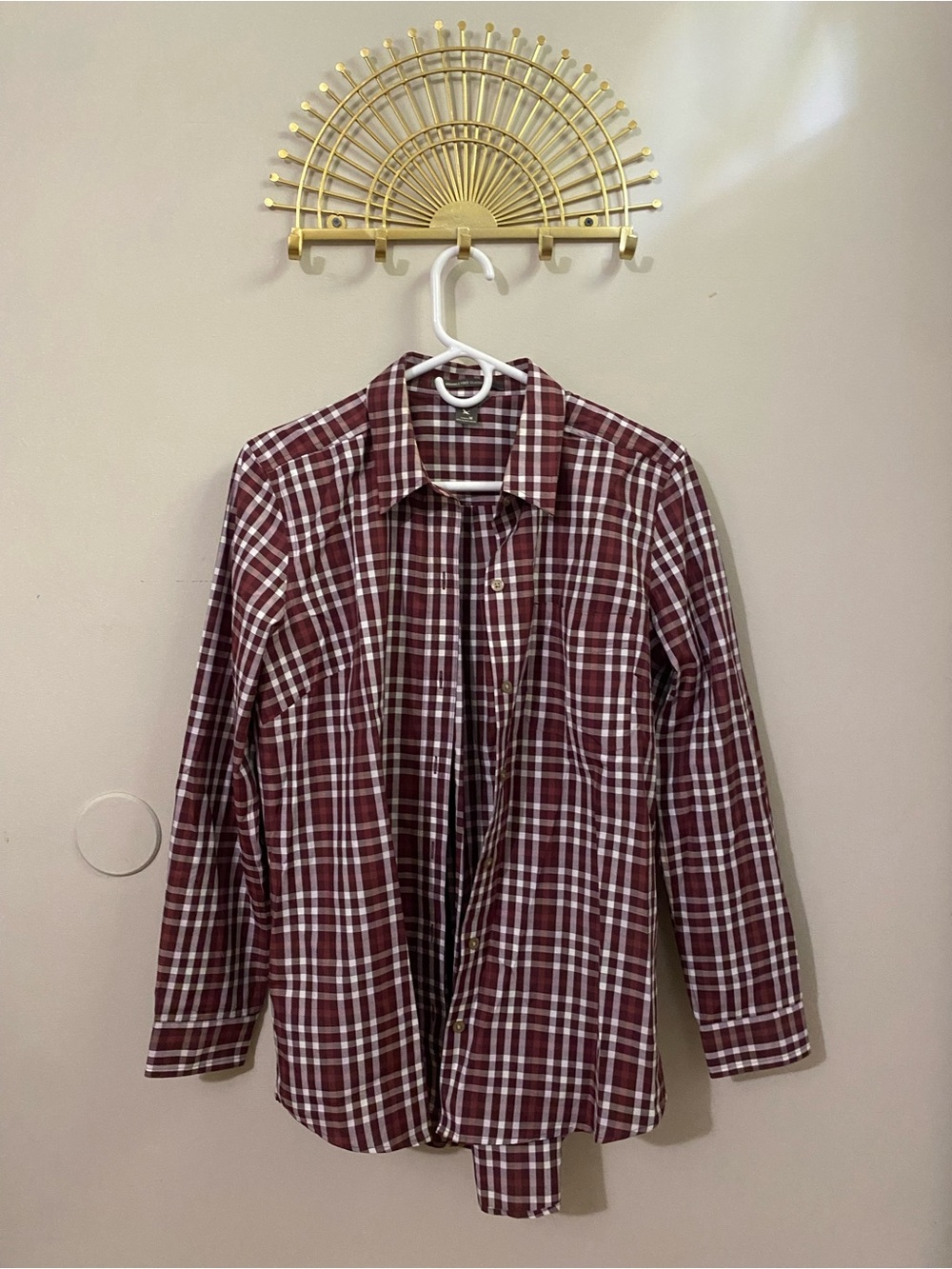 Eddie Bauer Burgundy and White Plaid Button-Down Shirt